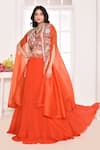 Shop_AMETHYST_Orange Chanderi Blouse Embroidery Floral Open Neck Cape And Lehenga Set _at_Aza_Fashions