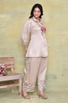 Shop_AMETHYST_Beige Pure Linen Satin Embroidery Butterfly Collared Neck Long Top With Pant _at_Aza_Fashions