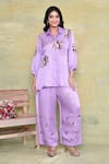 Buy_AMETHYST_Purple Pure Linen Satin Embroidery Floral Collared Neck Sequin Shirt With Pant _at_Aza_Fashions