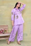 Shop_AMETHYST_Purple Pure Linen Satin Embroidery Floral Collared Neck Sequin Shirt With Pant _at_Aza_Fashions