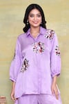 Buy_AMETHYST_Purple Pure Linen Satin Embroidery Floral Collared Neck Sequin Shirt With Pant _Online_at_Aza_Fashions