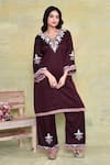 Buy_AMETHYST_Brown Pure Linen Satin Embroidery Floral V Neck Hand Kurta With Pant _at_Aza_Fashions