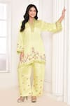 Buy_AMETHYST_Yellow Pure Linen Satin Embroidery Floral V Neck Rose Bloom Kurta With Pant _at_Aza_Fashions