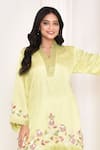 AMETHYST_Yellow Pure Linen Satin Embroidery Floral V Neck Rose Bloom Kurta With Pant _Online_at_Aza_Fashions