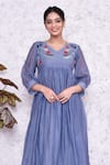 AMETHYST_Blue Mall Chanderi Embroidery Floral V Neck Yoke Dress _Online_at_Aza_Fashions