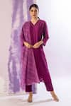 Buy_AMETHYST_Pink Bamberg Silk V Neck Cutwork Hem Kurta Pant Set _at_Aza_Fashions