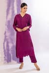 AMETHYST_Pink Bamberg Silk V Neck Cutwork Hem Kurta Pant Set _Online_at_Aza_Fashions