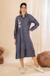 Buy_AMETHYST_Blue Bamberg Silk Embroidered Collared Placement Midi Shirt Dress _at_Aza_Fashions