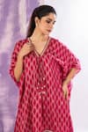 Shop_AMETHYST_Pink Modal Satin Printed Geometric V Neck Kaftan And Dhoti Pant Set _at_Aza_Fashions