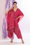 Shop_AMETHYST_Pink Modal Satin Printed Geometric V Neck Kaftan And Dhoti Pant Set _Online_at_Aza_Fashions