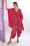 AMETHYST_Pink Modal Satin Printed Geometric V Neck Kaftan And Dhoti Pant Set _at_Aza_Fashions