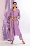 Buy_AMETHYST_Purple Kurta Chanderi Embroidered Thread Leaf Floral Pant Set _at_Aza_Fashions