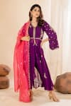 Buy_AMETHYST_Purple Kurta Chanderi Embroidered Sequin V Neck Floral And Thread Pant Set _at_Aza_Fashions