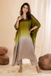 Buy_AMETHYST_Green Kurta Modal Satin V Neck Ombre Kaftan And Pant Set _at_Aza_Fashions