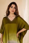 Shop_AMETHYST_Green Kurta Modal Satin V Neck Ombre Kaftan And Pant Set _at_Aza_Fashions