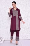 Buy_AMETHYST_Wine Cotton Embroidered Thread Collared Kurta And Pant Set _at_Aza_Fashions