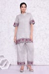 Buy_AMETHYST_Grey Cotton Embroidered Thread Mandarin Collar Cutwork Tunic And Pant Set _at_Aza_Fashions