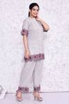 Shop_AMETHYST_Grey Cotton Embroidered Thread Mandarin Collar Cutwork Tunic And Pant Set _at_Aza_Fashions