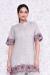 AMETHYST_Grey Cotton Embroidered Thread Mandarin Collar Cutwork Tunic And Pant Set _Online_at_Aza_Fashions