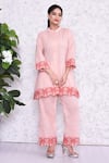 Buy_AMETHYST_Pink Cotton Embroidered Thread Mandarin Collar Floral Cutwork Tunic And Pant Set _at_Aza_Fashions