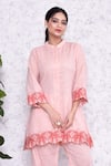 Shop_AMETHYST_Pink Cotton Embroidered Thread Mandarin Collar Floral Cutwork Tunic And Pant Set _at_Aza_Fashions