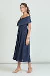 Samyukta Singhania_Blue Cotton Solid Off Shoulder Exaggerated Collared Dress _Online_at_Aza_Fashions