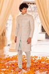 Buy_AMIT ARORA_Blue Sherwani Raw Silk Embroidery Phool Bahar Set _at_Aza_Fashions