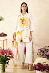 Buy_Rainas_Beige Chiffon Printed Sunflower Collared Shirt Pant Set _at_Aza_Fashions