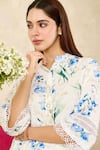 Rainas_Beige Linen Printed Floral Mandarin Kurta Pant Set _Online_at_Aza_Fashions