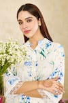 Rainas_Beige Linen Printed Floral Mandarin Kurta Pant Set _at_Aza_Fashions