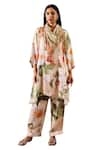 Buy_Rainas_Beige Scarf Chiffon Printed Botanical Mandarin Kurta Pant Set _Online_at_Aza_Fashions