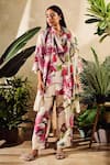 Buy_Rainas_Off White Scarf Chiffon Printed Floral Mandarin Asymmetric Kurta Set With _at_Aza_Fashions