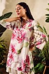 Rainas_Off White Scarf Chiffon Printed Floral Mandarin Asymmetric Kurta Set With _at_Aza_Fashions