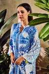 Rainas_Blue Cotton Silk Printed Botanical Mandarin Asymmetric Kurta With Pant _at_Aza_Fashions