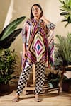 Buy_Rainas_Multi Color Viscose Crepe Printed Geometric Notched Round Kaftan With Pant _at_Aza_Fashions