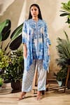 Buy_Rainas_Blue Cotton Silk Printed Floral Bloom Notched Round Kaftan With Pant _at_Aza_Fashions