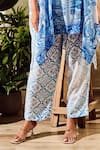 Rainas_Blue Cotton Silk Printed Floral Bloom Notched Round Kaftan With Pant _Online_at_Aza_Fashions