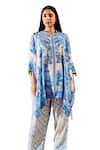 Buy_Rainas_Blue Cotton Silk Printed Floral Bloom Notched Round Kaftan With Pant _Online_at_Aza_Fashions