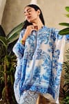 Rainas_Blue Cotton Silk Printed Floral Bloom Notched Round Kaftan With Pant _at_Aza_Fashions