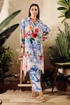 Buy_Rainas_Blue Cotton Silk Print Floral Collared Neck Flower Garden Long Shirt With Pant _at_Aza_Fashions