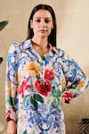 Rainas_Blue Cotton Silk Print Floral Collared Neck Flower Garden Long Shirt With Pant _at_Aza_Fashions