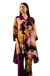 Rainas_Purple Viscose Crepe Print Floral V Collar Watercolor Shirt And Pant Set _Online_at_Aza_Fashions