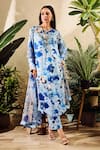 Shop_Rainas_Blue Cupro Satin Print Floral Round Watercolor Flower Kurta And Pant Set _at_Aza_Fashions