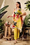 Buy_Rainas_Yellow Cotton Silk Print Floral V Neck Rose Bloom Kaftan And Pant Set _at_Aza_Fashions