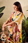 Rainas_Yellow Cotton Silk Print Floral V Neck Rose Bloom Kaftan And Pant Set _Online_at_Aza_Fashions