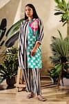 Buy_Rainas_Multi Color Cotton Silk Print Stripe Collared Chequered Long Shirt With Pant _at_Aza_Fashions