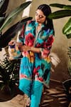 Buy_Rainas_Blue Cotton Silk Print Floral Mandarin Faded Kaftan And Pant Set _Online_at_Aza_Fashions