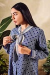 Rainas_Blue Cotton Silk Print Geometric Tie-up Collar Shirt With Pant _at_Aza_Fashions