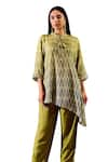 Buy_Rainas_Green Cotton Silk Print Geometric Round Collar Asymmetric Hem Tunic With Pant _Online_at_Aza_Fashions