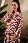 Buy_Rainas_Maroon Cupro Satin Print Geometric Collared Neck Tunic And Pant Set _Online_at_Aza_Fashions